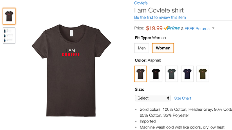 Illustration for article titled Be the Saddest Guy in the Office With Amazon's Embarrassing 'Covfefe' Swag